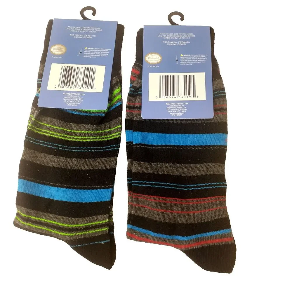 Nintendo Super Mario Luigi Mens 2 Pair Multicolor Striped Crew Socks Sz 6-12 NWT